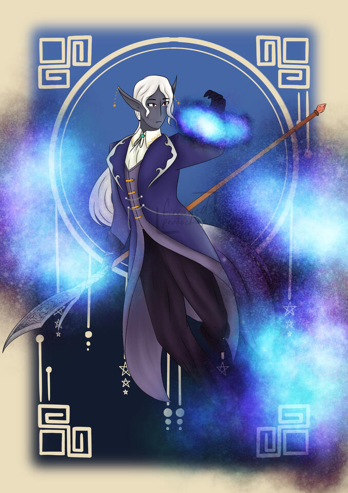 Solaris full body holding the galaxies